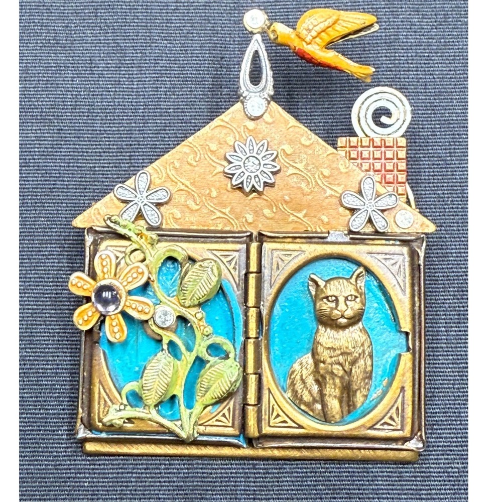 Vintage Steampunk Mixed Media House Brooch Unsigned Artisan Assemblage Cat Pin